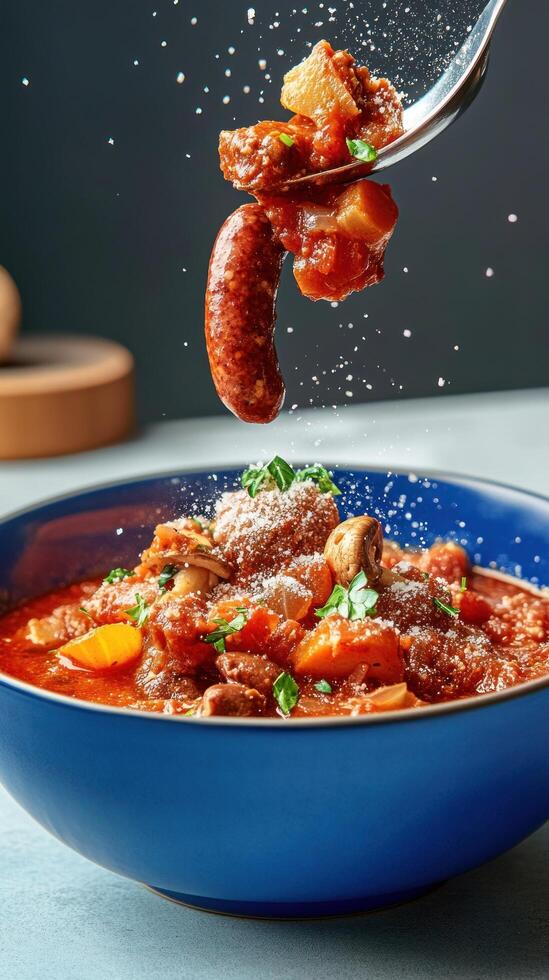 Rich sausage and vegetable stew plated with grated cheese for dining use photo