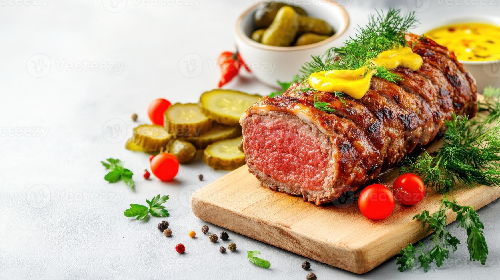 Roasted beef slices with mustard, dill and pickles, served on wooden board against a white background photo