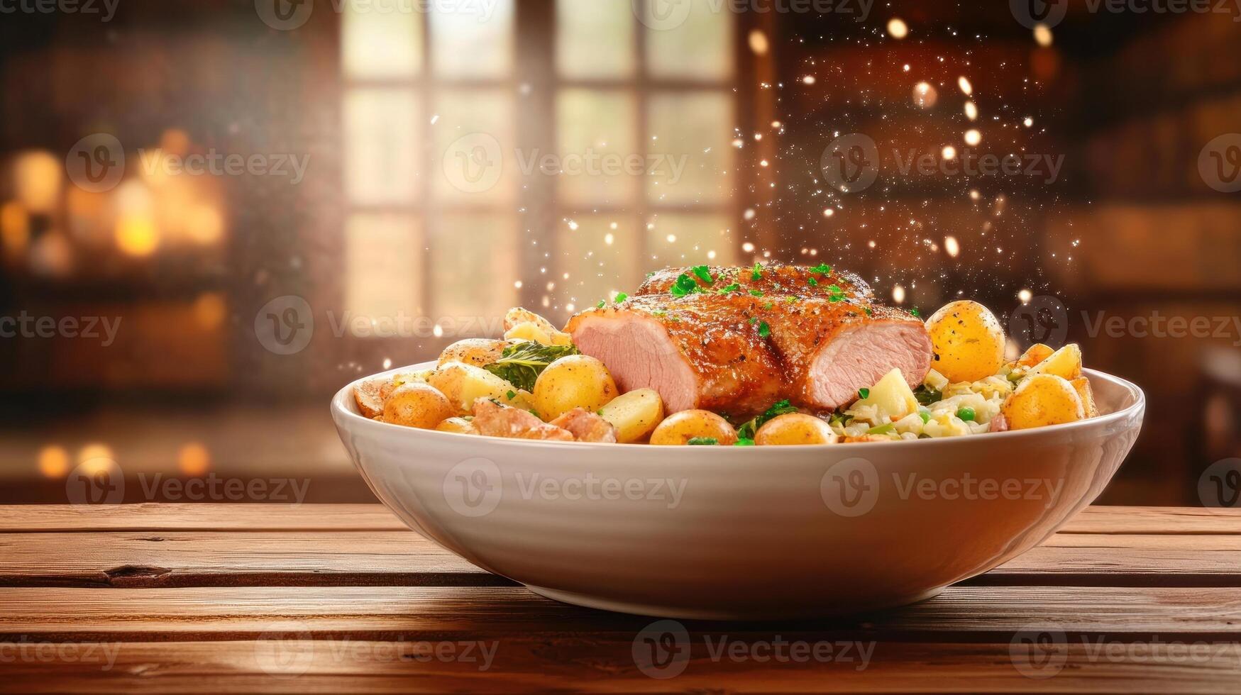 Roast duck with potato in bowl with herbs being seasoned on table, fire in background, for gastronomy photo