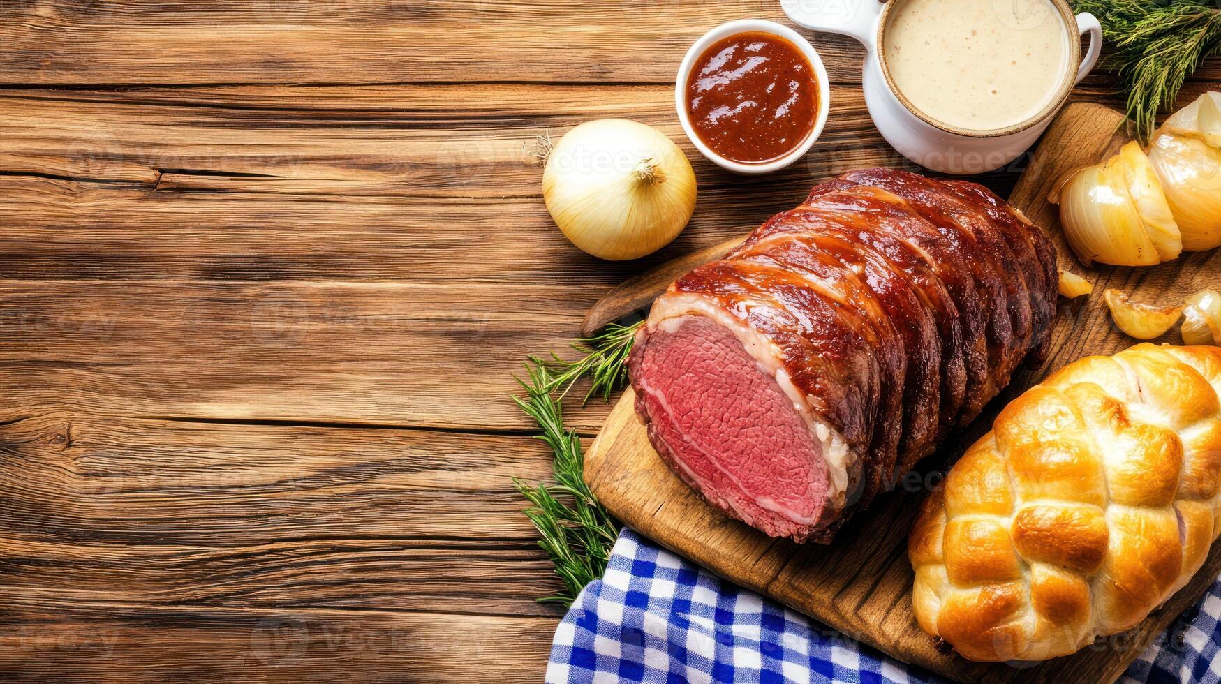 Roasted beef, onions, and sauces on wood, with garnish, for restaurant menu or food blog ads photo