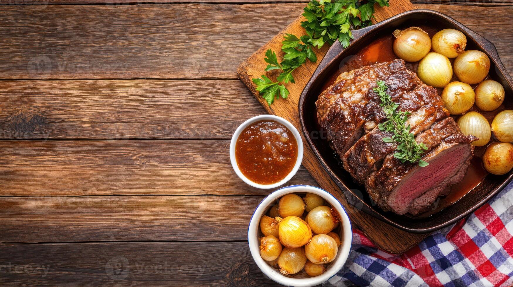 Roast beef dinner with onions and sauce on wood. Gourmet food for holiday photo