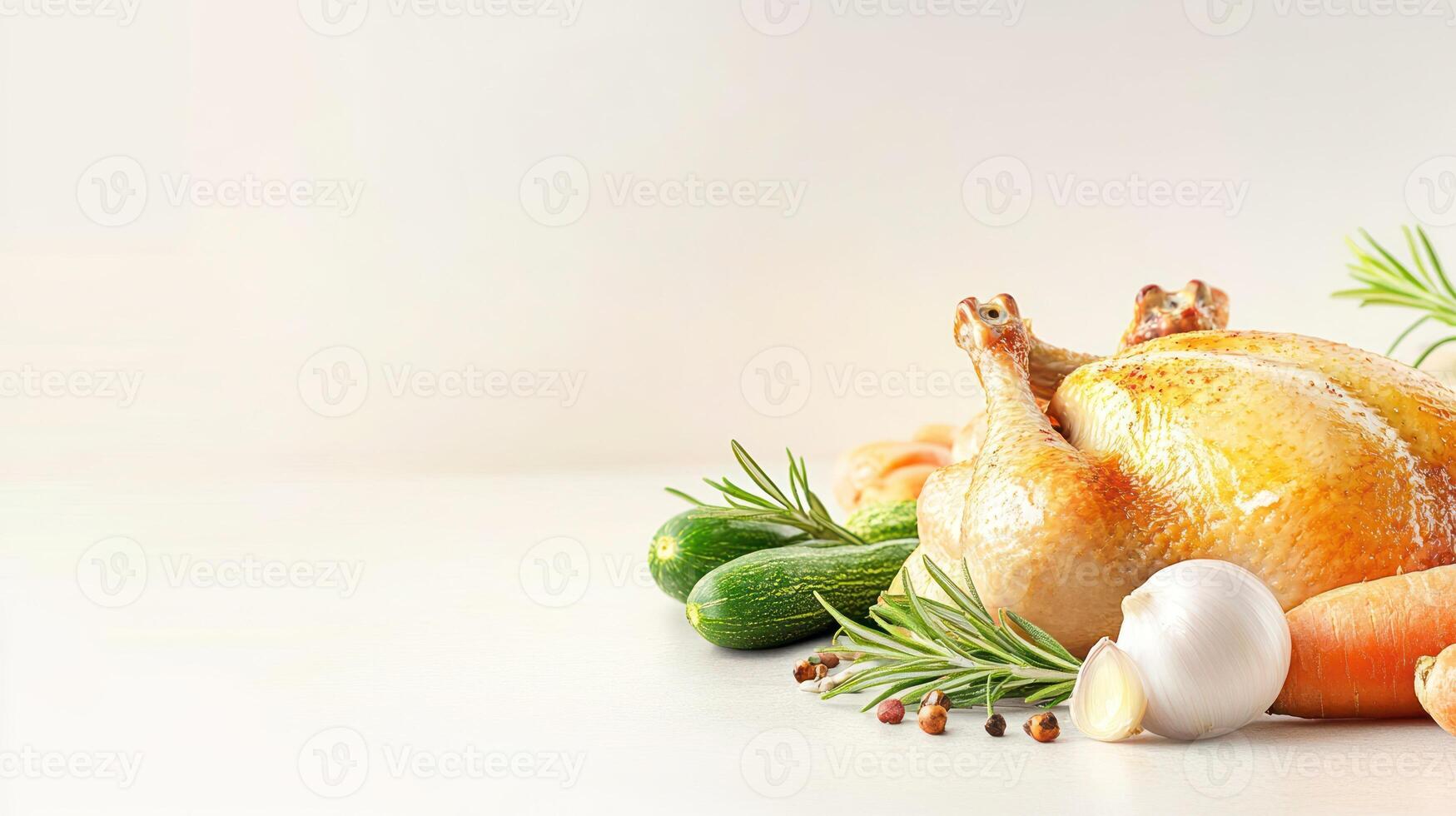 Roasted chicken ready to cook, accompanied by vegetables on a table for holiday dinner photo