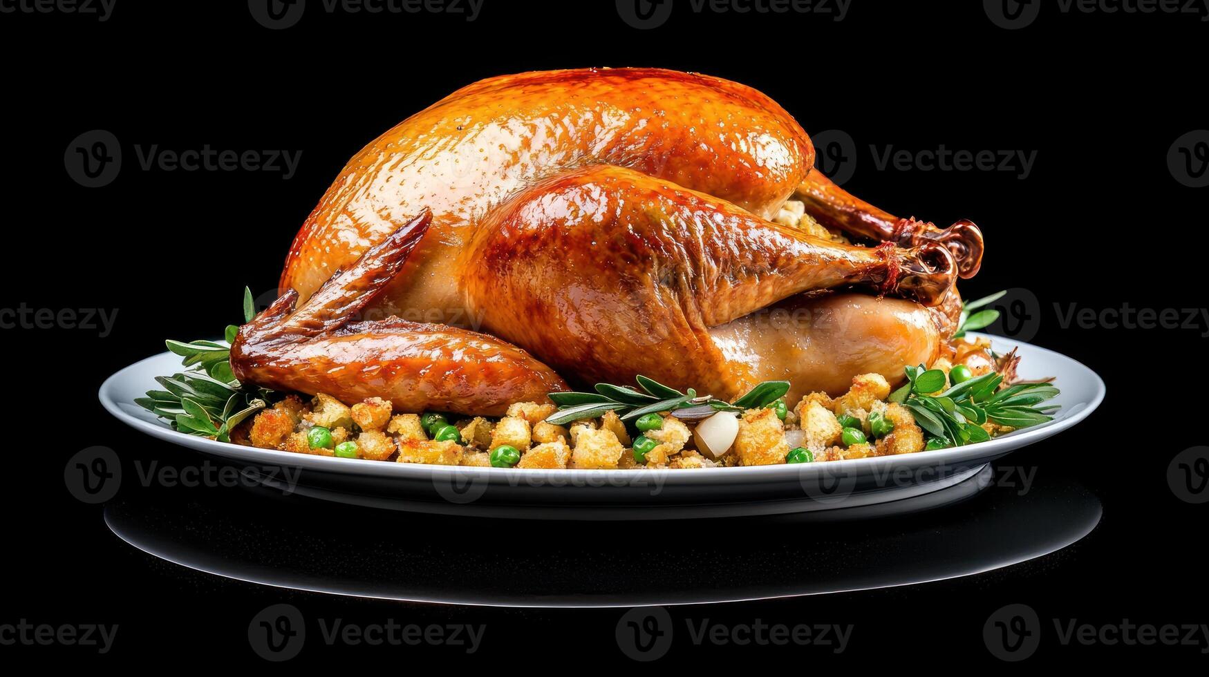 Roasted turkey on a plate, garnished with rosemary and stuffing for Thanksgiving celebration dinner photo