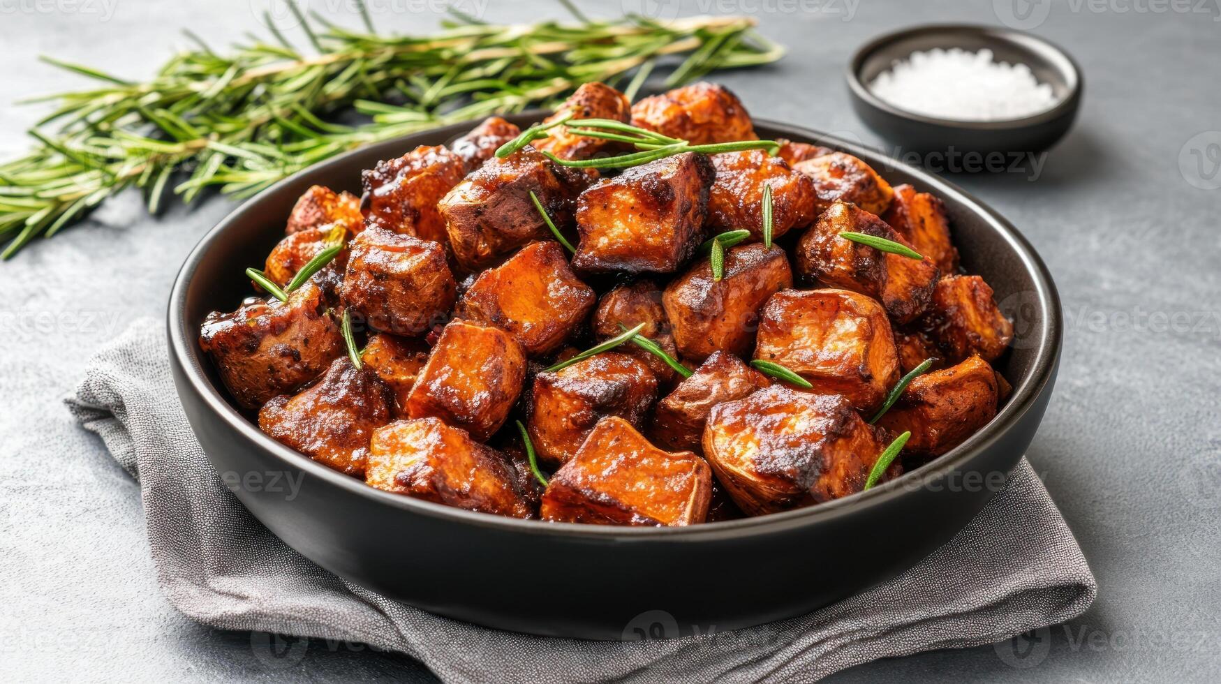 Roasted sweet potatoes with herbs on a table, ready for a delicious autumn meal photo