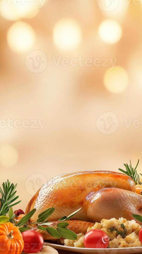 Roasted turkey dinner on table with bokeh lights background for Thanksgiving or Christmas holidays photo