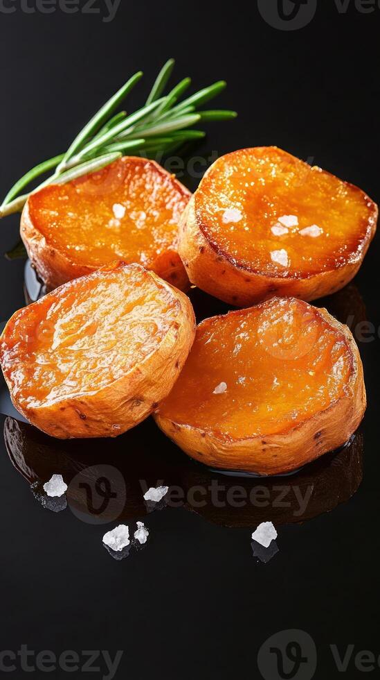 Roasted potatoes with rosemary. Gourmet dish on a black background for menu or food blog use photo