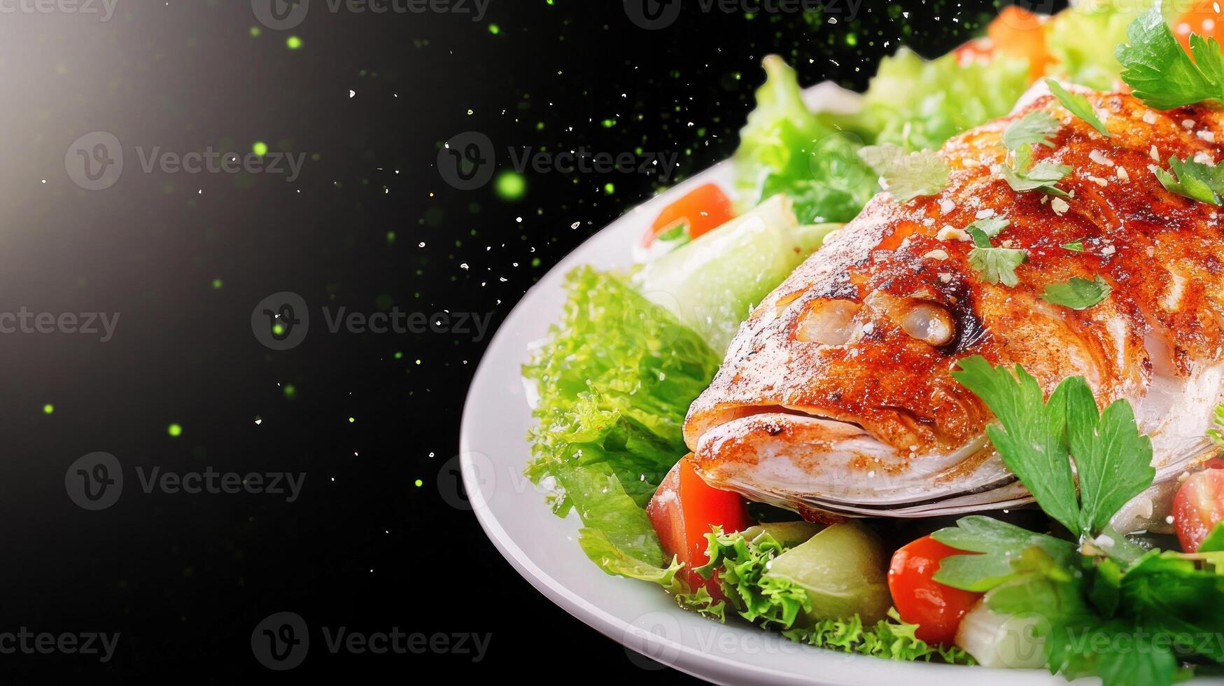 Roasted whole fish on plate with salad, tomatoes, and green herbs. Background black. Food photography photo
