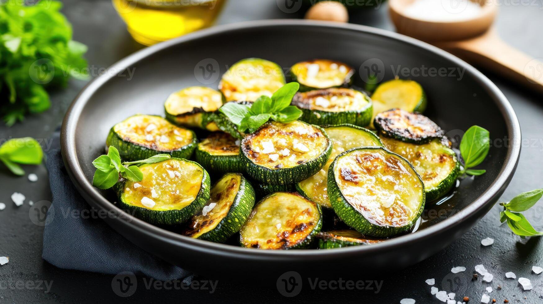 Roasted zucchini meal in a bowl, on dark background with condiments, for recipe book and menus photo