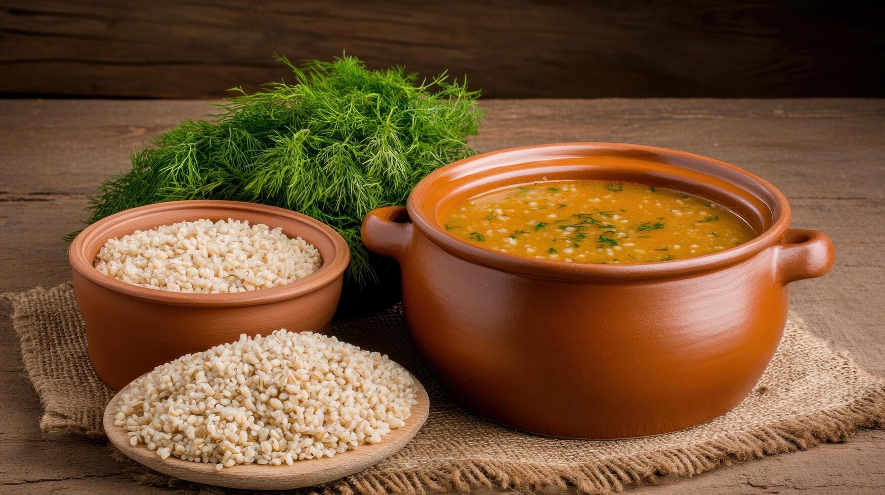 Rustic lentil soup with dill and bulgur for healthy recipe on brown wooden table photo