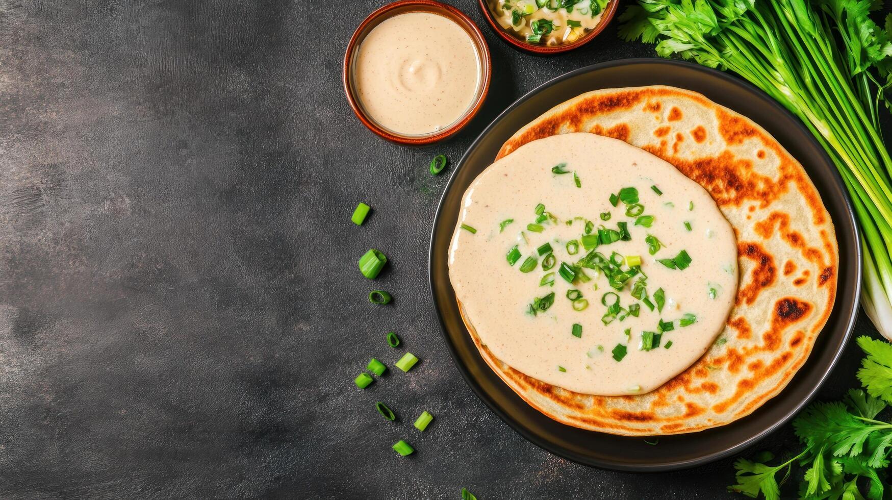 Roti with sauce garnished with scallions, cooking preparation, meal on gray table for food presentation photo