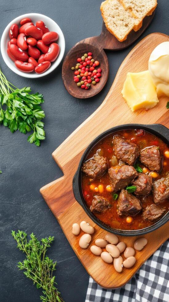 Rustic beef stew meal cooking on wood board, beans cheese, herbs on slate background photo