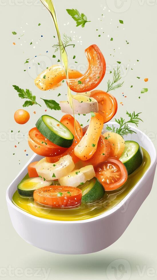 Salad art oil pouring on healthy veggie mix in bowl. Fresh diet food for wellbeing or recipe use photo