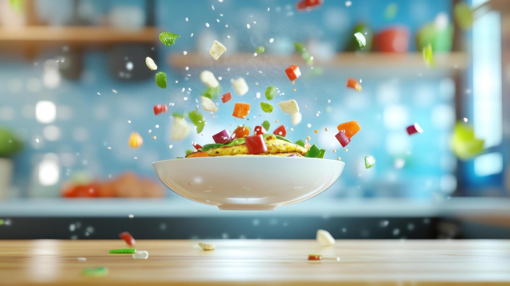 Salad ingredients levitating above a bowl in a kitchen. Healthy eating food preparation photo