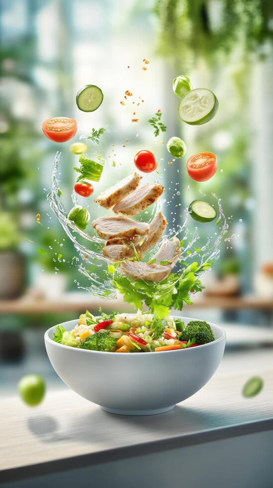 Salad ingredients levitate into bowl healthy lifestyle and nutrition concept in domestic kitchen photo