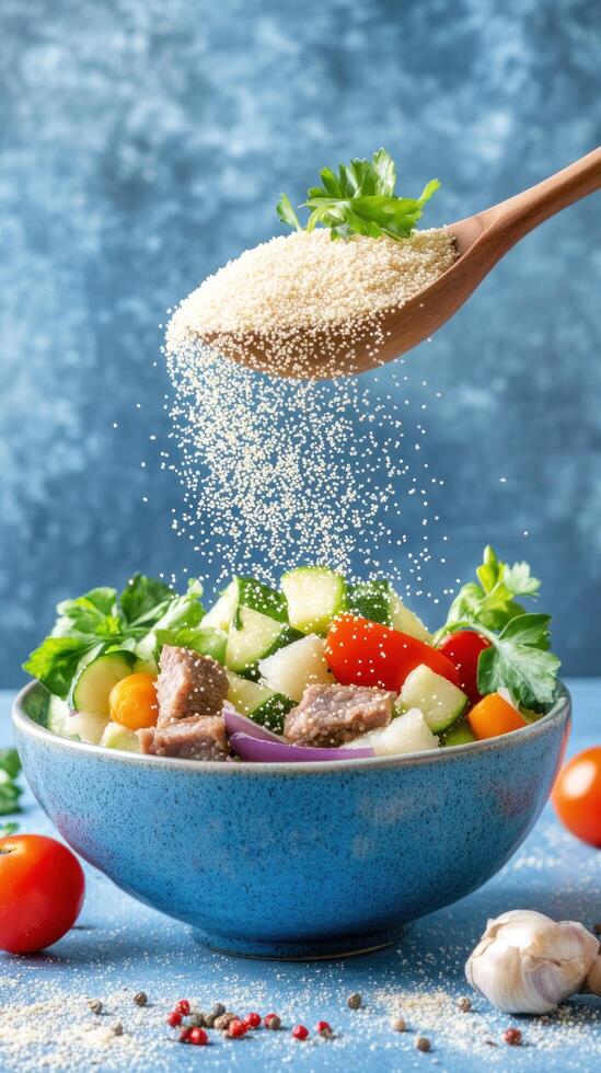 Salad is being topped with cheese crumbles, healthy and appetizing. Good for menurecipe use photo