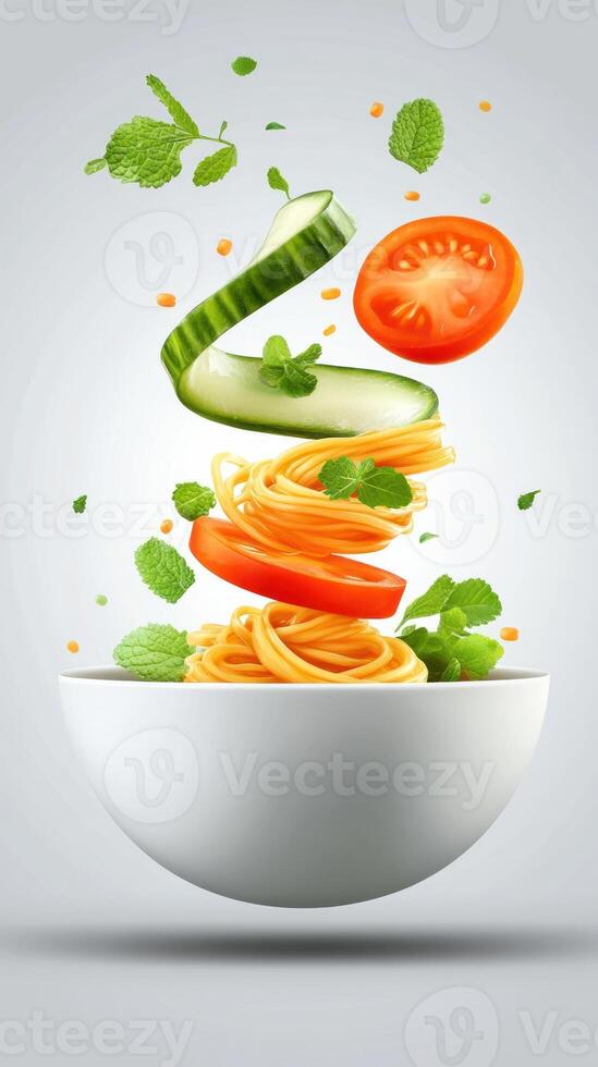 Salad levitating above a bowl. Culinary art for a restaurant. Light background. Menu photo