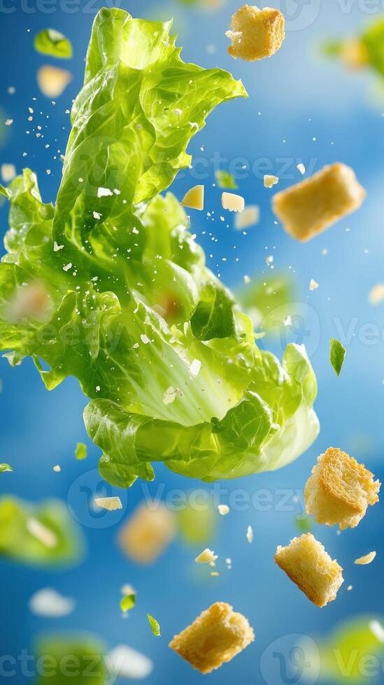 Salad ingredients flying up on a blue background. Use in a cooking blog or recipe photo