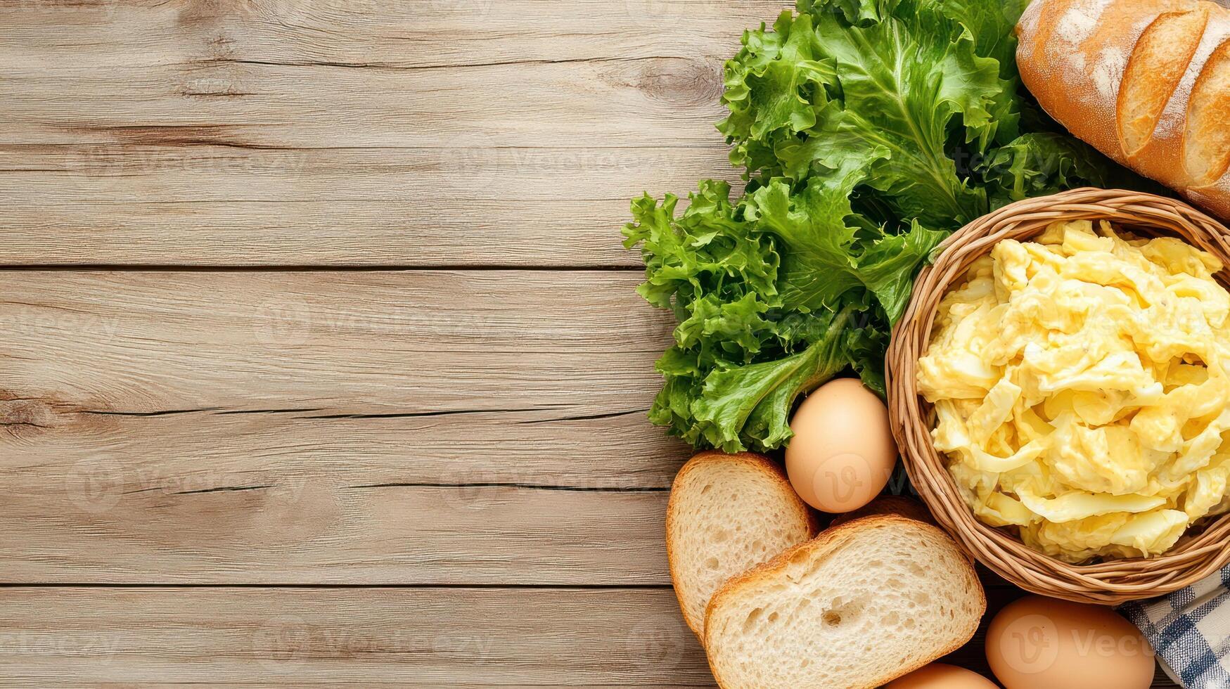Salad on table with eggs and bread for cooking recipe, healthy eating, organic shop promotions photo