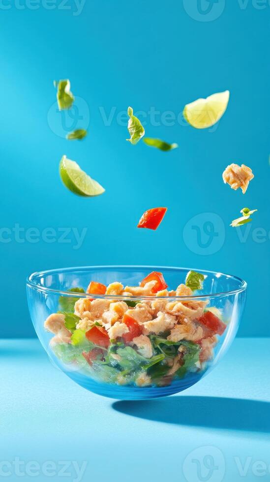 Salad Preparation Ingredients falling into a bowl against a vibrant turquoise background. Food photography photo