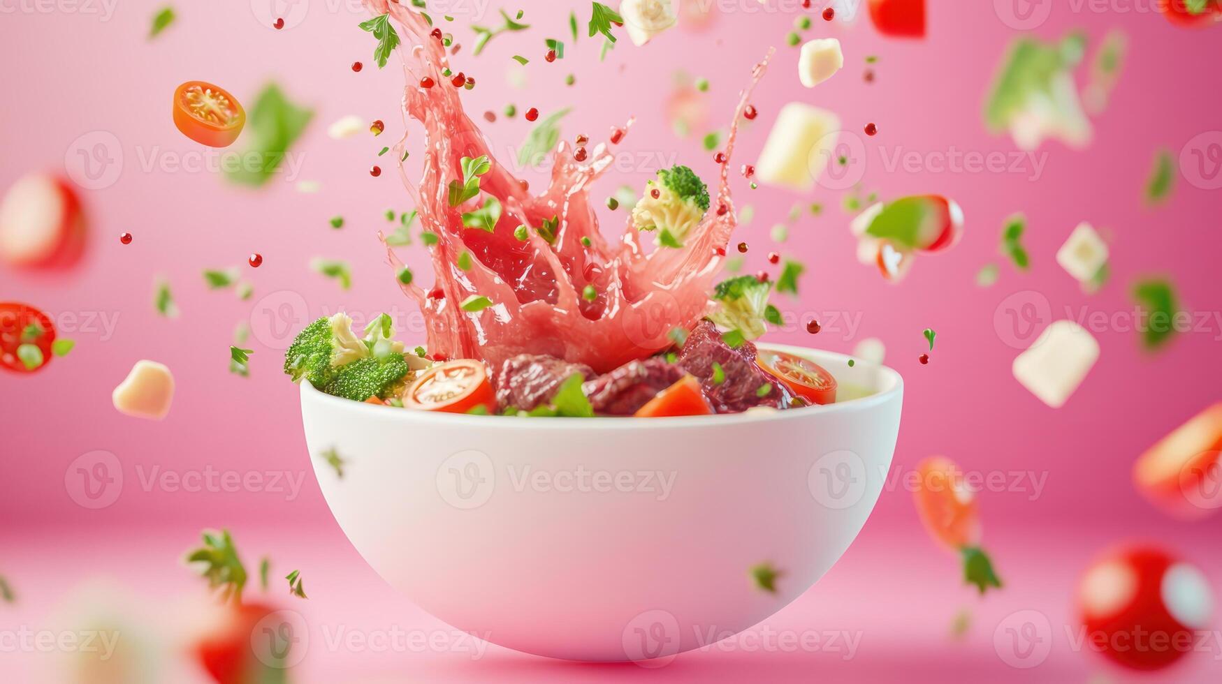 Salad splash vibrant ingredients in motion on pink. Bowl, food, nutrition, healthy eating photo
