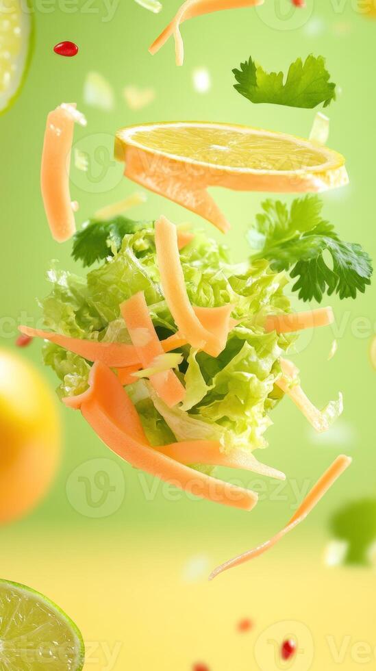 Salad toss Lettuce, carrots, lime flying on yellow-green background. Healthy diet for recipe, cooking ads photo