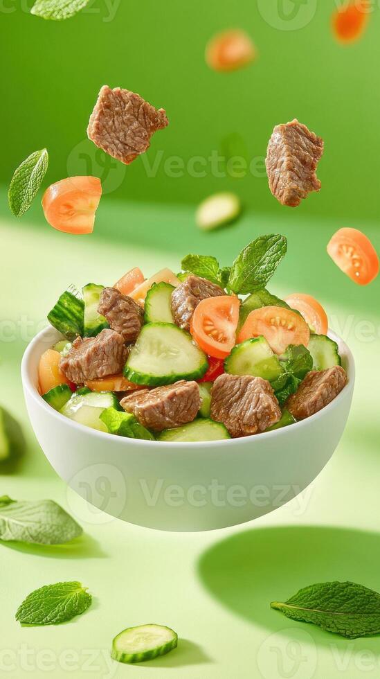 Salad with Beef, cucumbers and tomatoes floating on a green background. Food concept photo