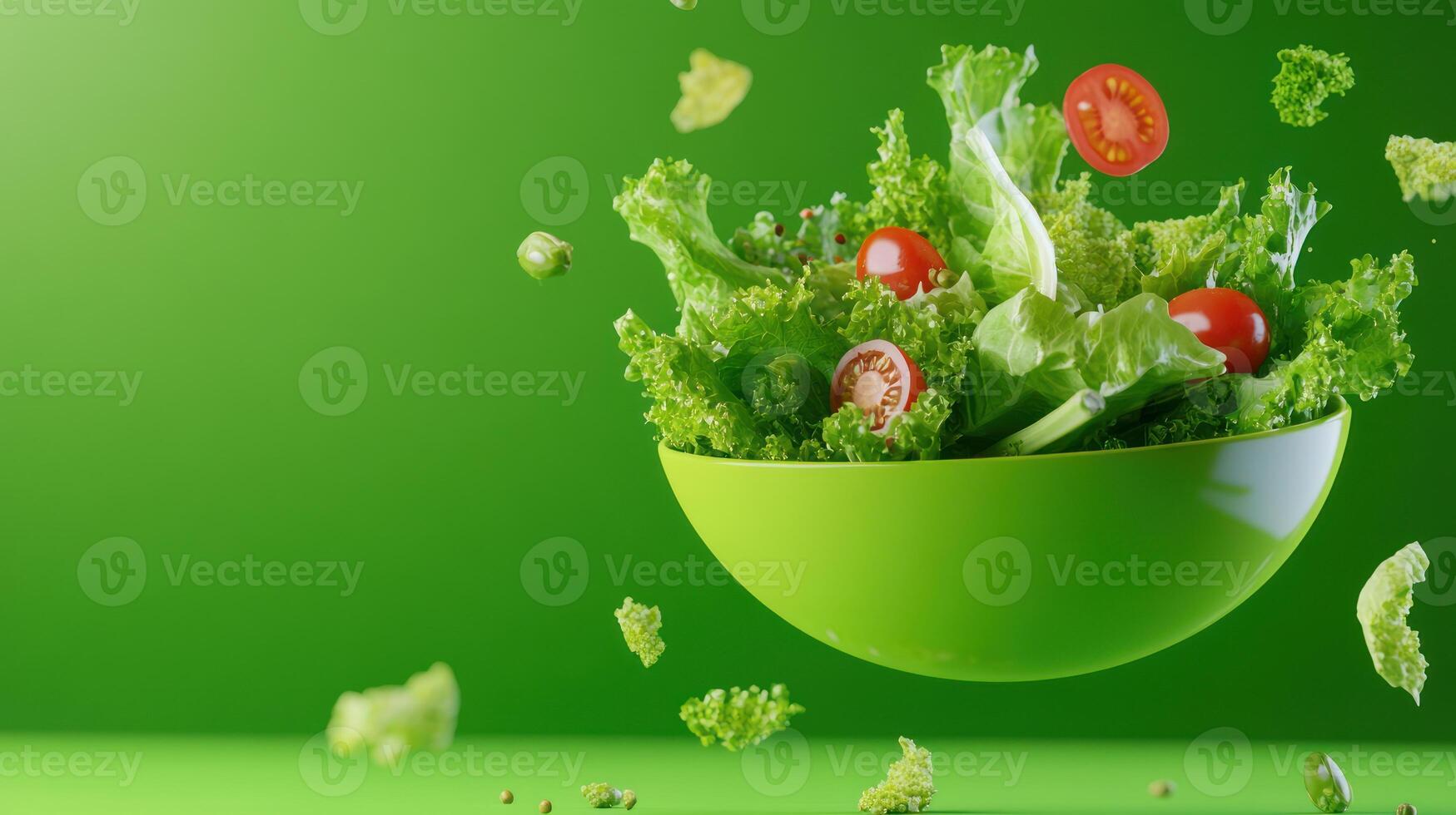 Salad with lettuce and tomatoes falling on a green background for fresh and healthy eating photo
