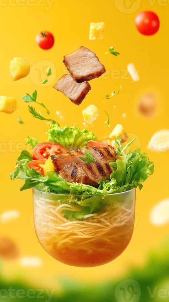 Salad with meat and toppings levitating above noodles against a yellow background, for food advertising photo