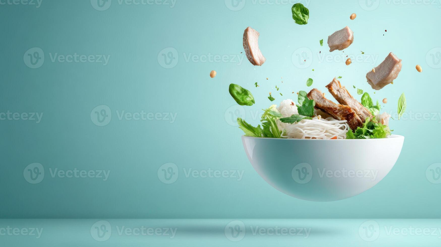 Salad with meat slices floating over bowl against a blue background. Food advertisement use photo