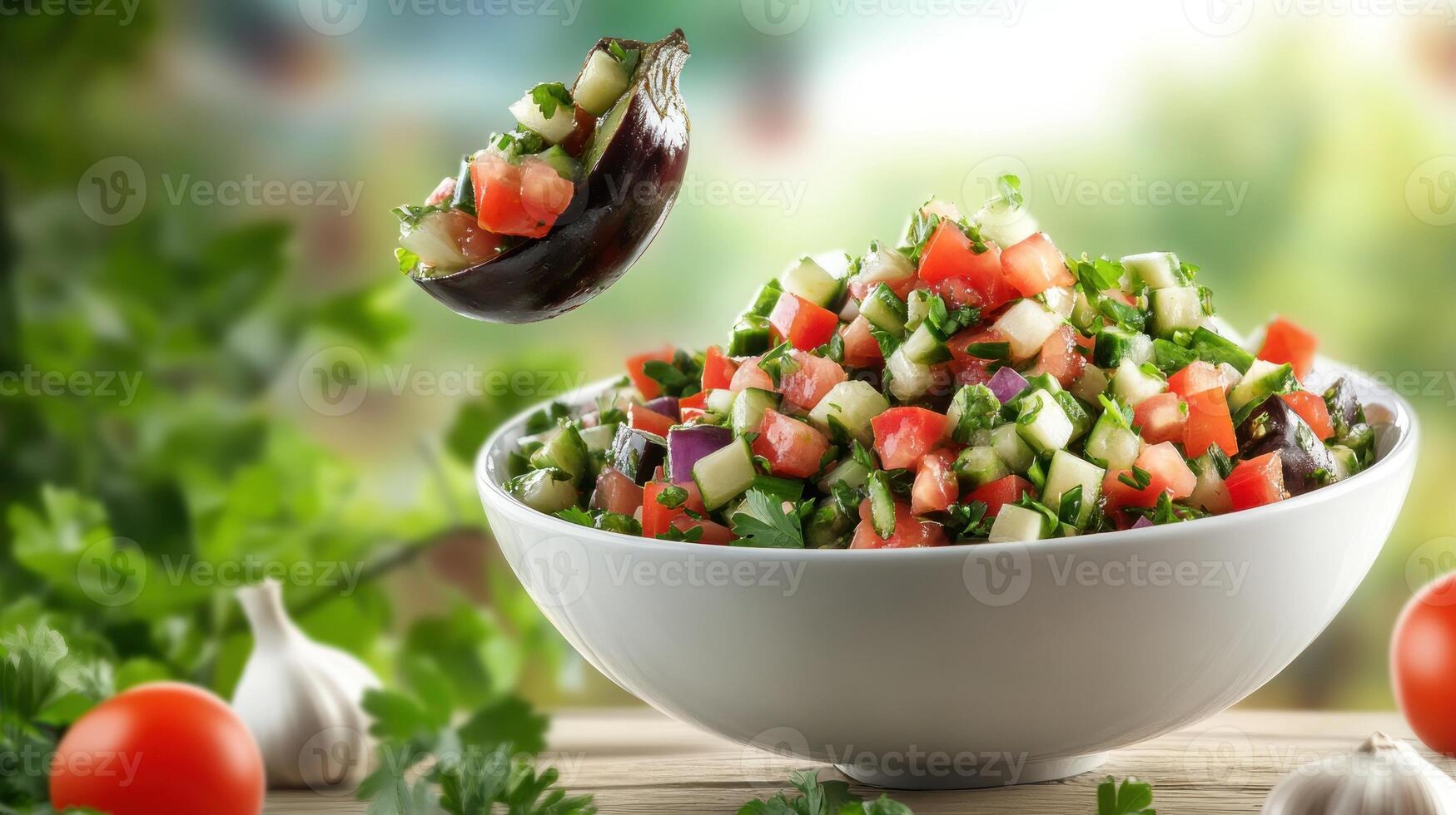 Salad with tomatoes and eggplant. Fresh herbs in the background. For healthy eating concepts photo