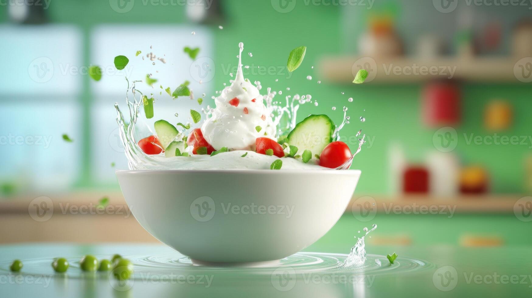 Salad with vegetables splashes in a kitchen, for advertising healthy eating concepts photo