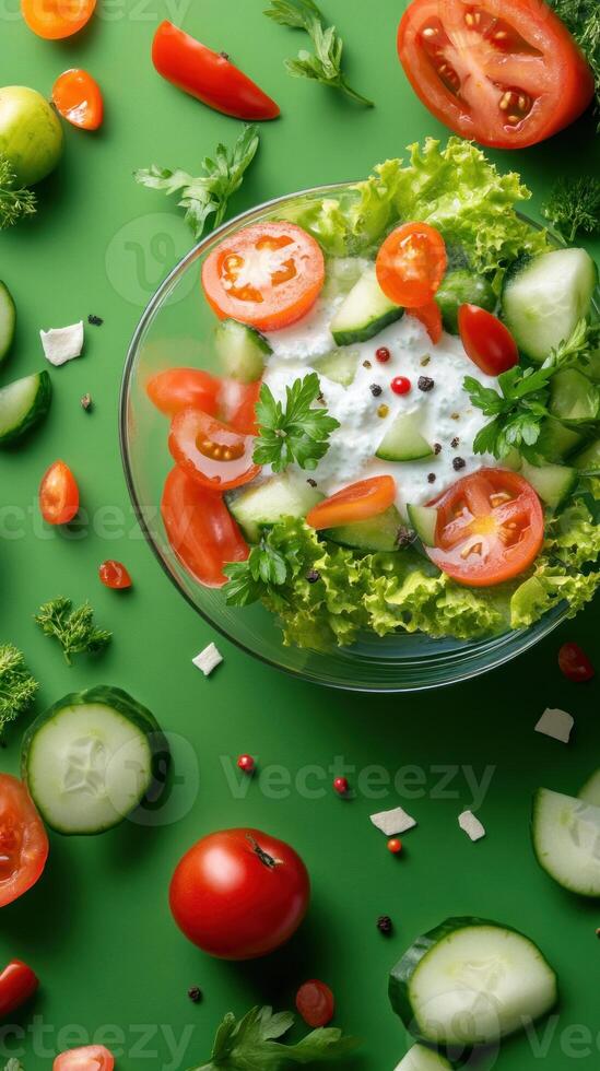 Salad with tomatoes and cucumbers being prepared on a green table for a light lunch photo
