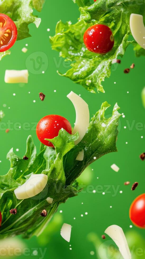 Salad with tomatoes flying on green, for healthy food recipes and nutrition content photo