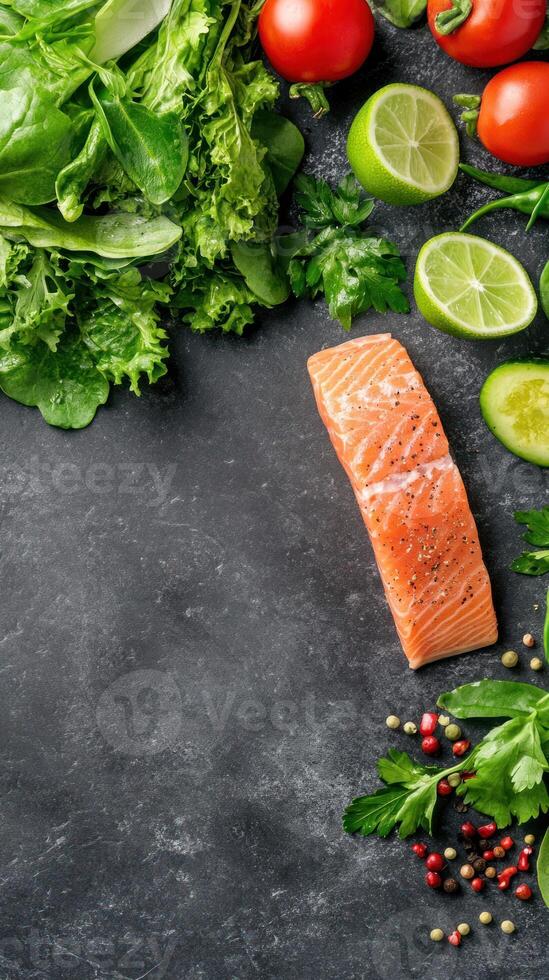 Salmon fillet with fresh vegetables and herbs for healthy eating in dark background, recipe usage photo
