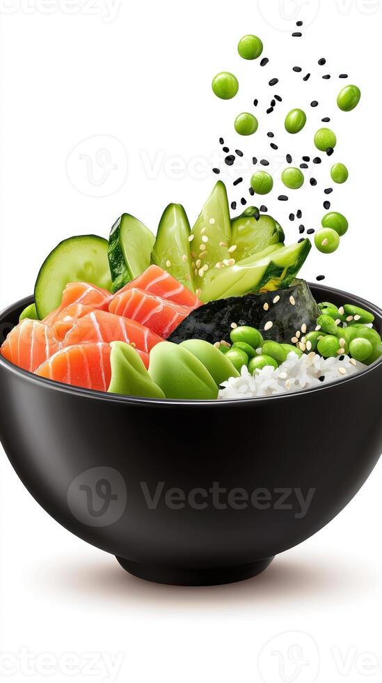 Salmon poke bowl with rice and vegetables with peas falling on it food blog use photo