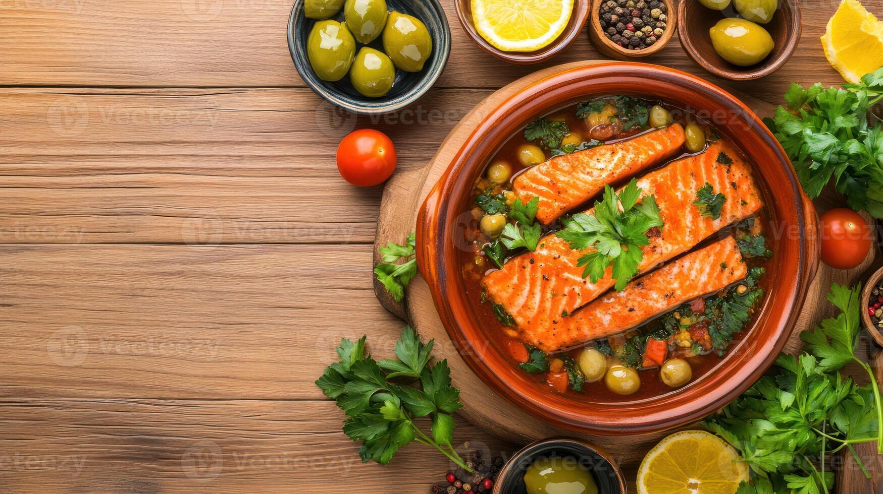Salmon dish with olives and lemon on wood table for a healthy and delicious meal photo
