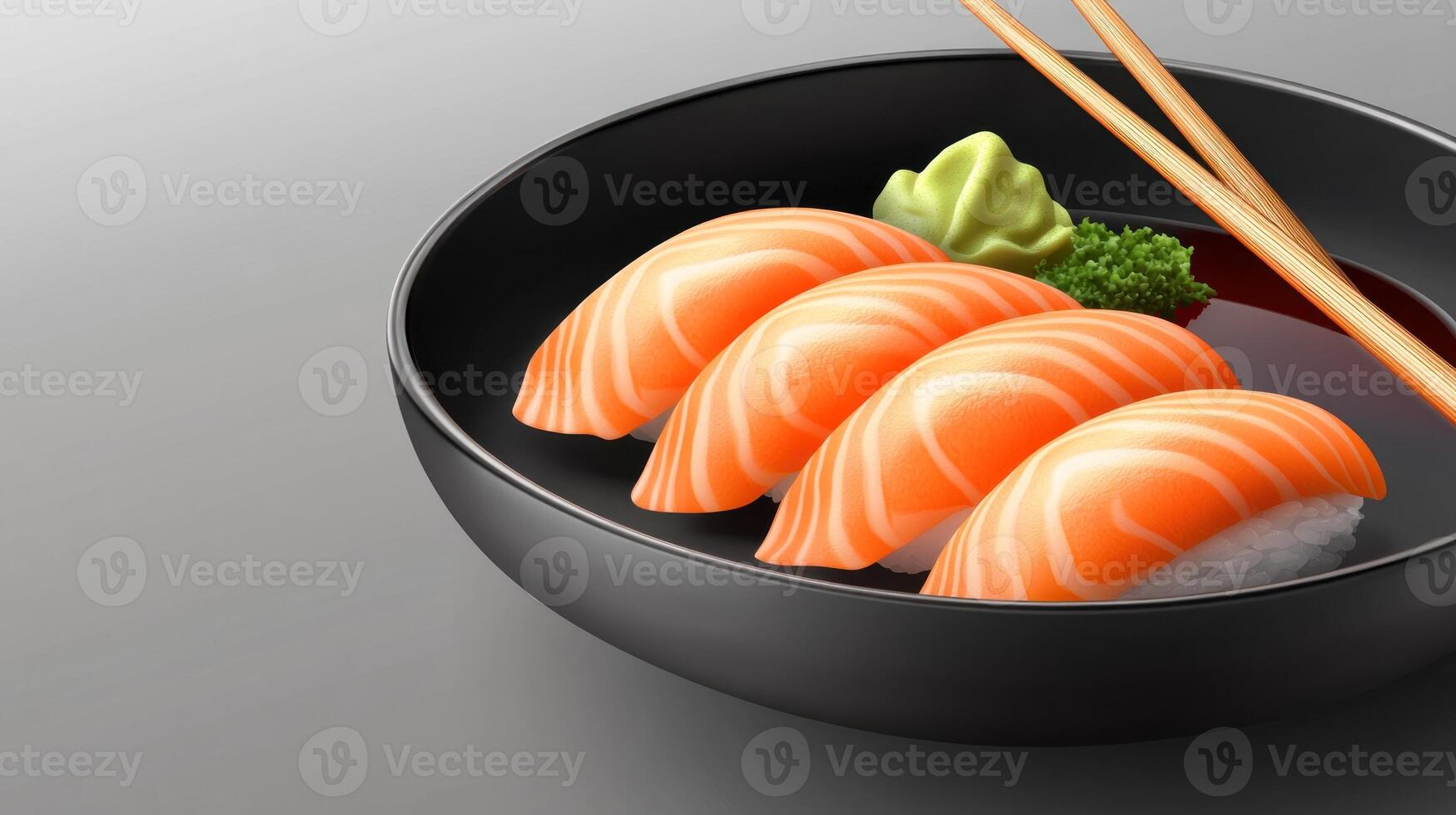 Salmon Nigiri Sushi served with wasabi in a bowl. Chopsticks placed. Prepared for eating photo