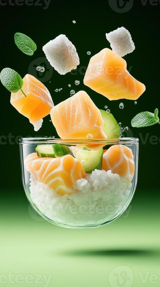 Salmon, rice, avocado, and mint are tossed in a bowl for lunch. Food blog or recipe use photo