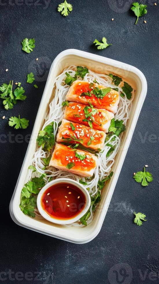 Salmon fillets with noodles in container ready to eat, on dark backdrop, takeaway meal photo