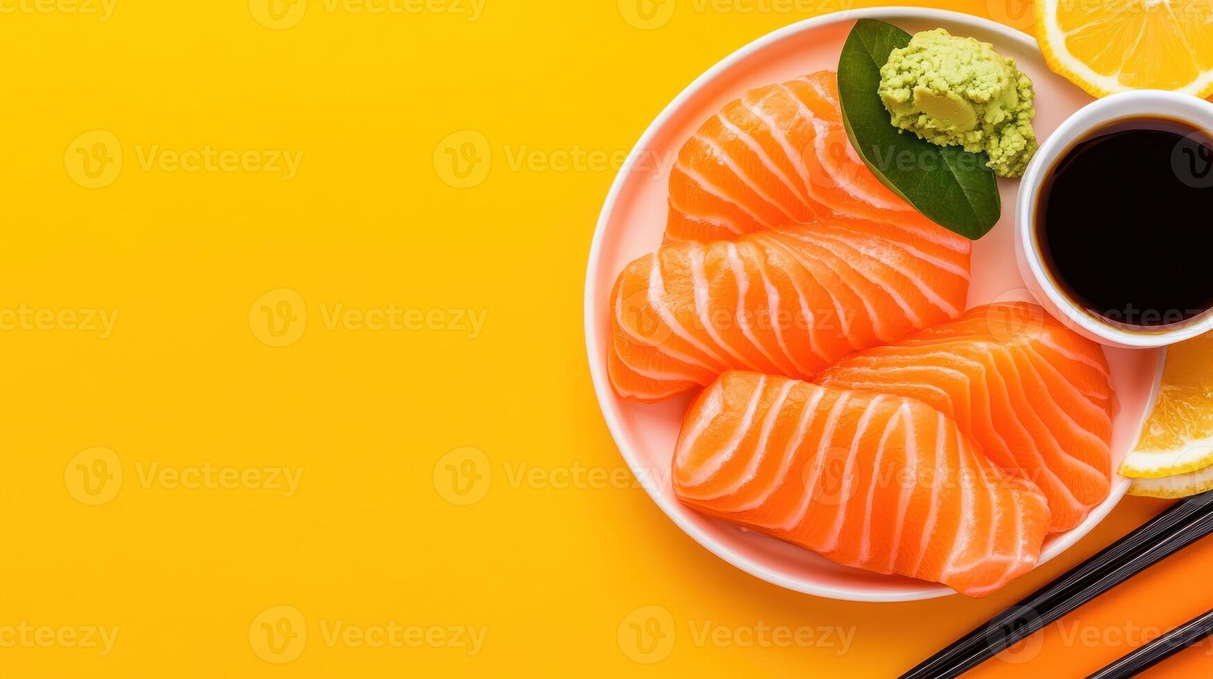 Salmon sashimi served with soy sauce, wasabi, and lemon slices on a plate against a bright orange background photo