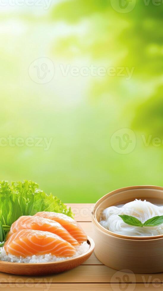 Salmon sashimi with noodles and lettuce on a wooden table against a green natural background photo
