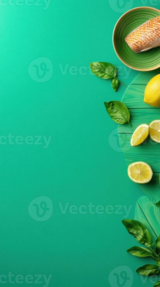 Salmon served with lemon and basil on a wooden table, food photography for recipe photo