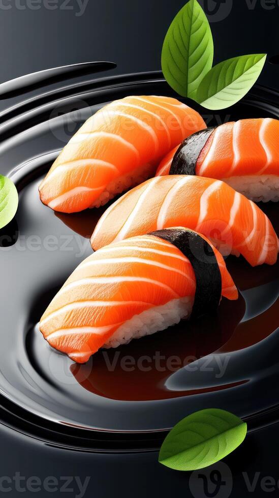Salmon sushi nigiri on a plate for a dinner appetizer, minimalist aesthetic background for menu photo