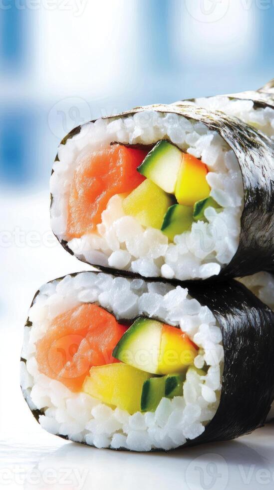 Salmon sushi rolls stacked, with blurred background. For menus, websites, or advertisements photo