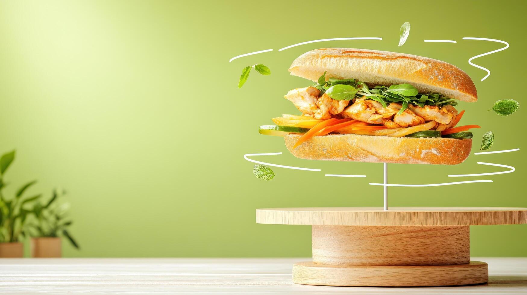 Sandwich filled with chicken and veggies on a wooden tray with herbs falling in green studio photo