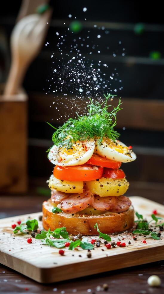 Salted egg, bacon and tomato stack on bread, served over wood board, culinary delight for breakfast photo