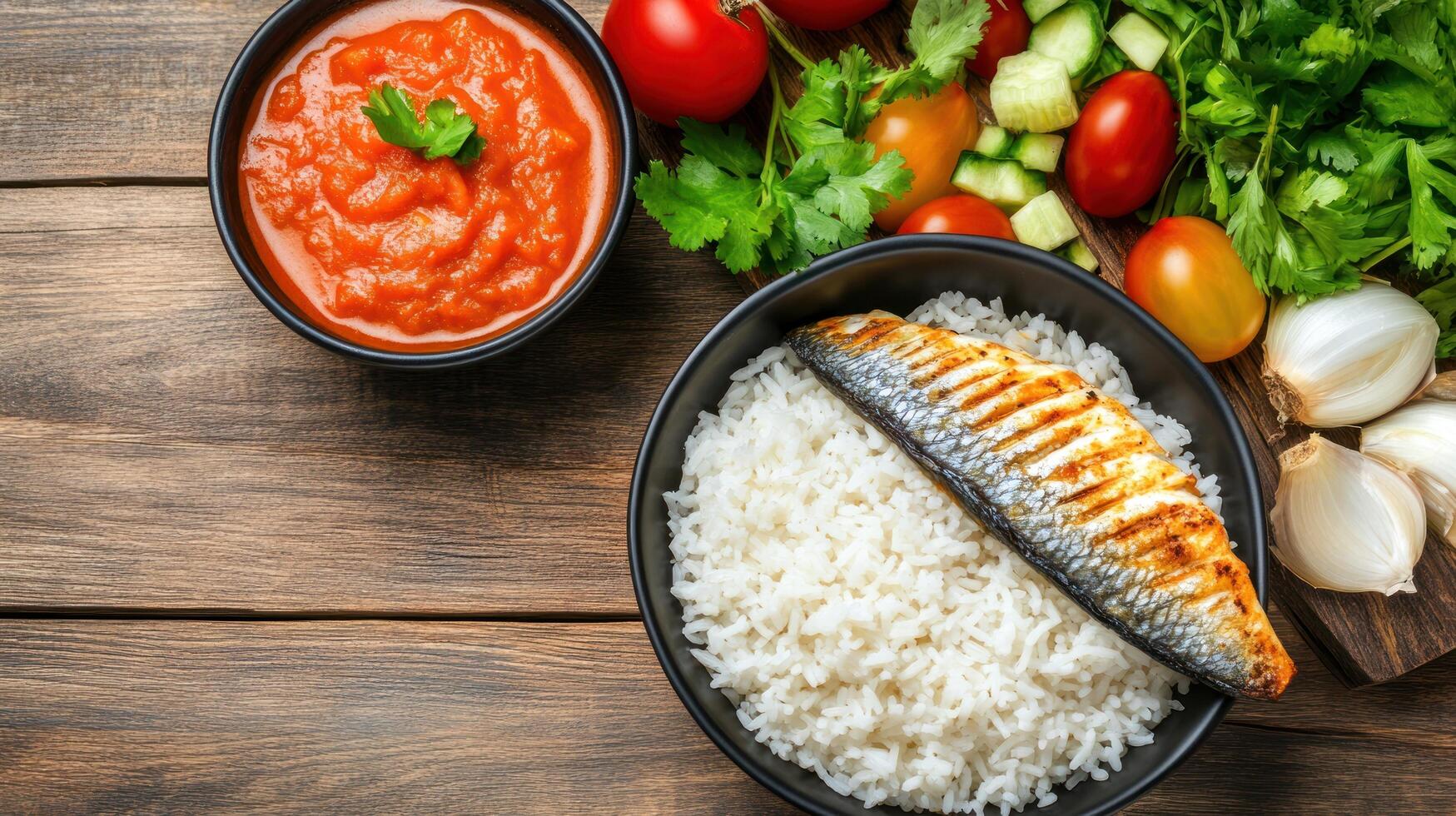 Sardine fish with rice served with tomato sauce and vegetables for healthy eating on wood photo