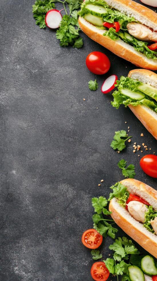 Sandwiches on a dark surface with radishes and tomatoes with parsley, on the side, food blog photo