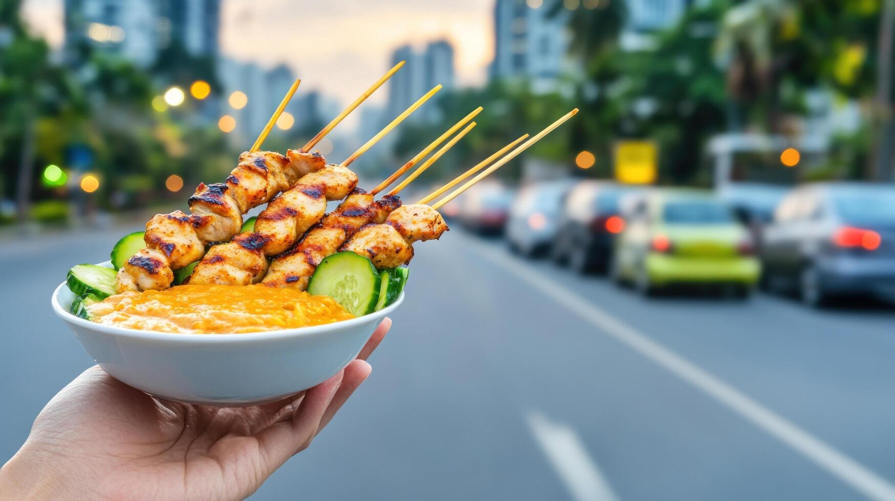 Satay served by hand on a street with cars buildings at dusk for advertising food stalls photo