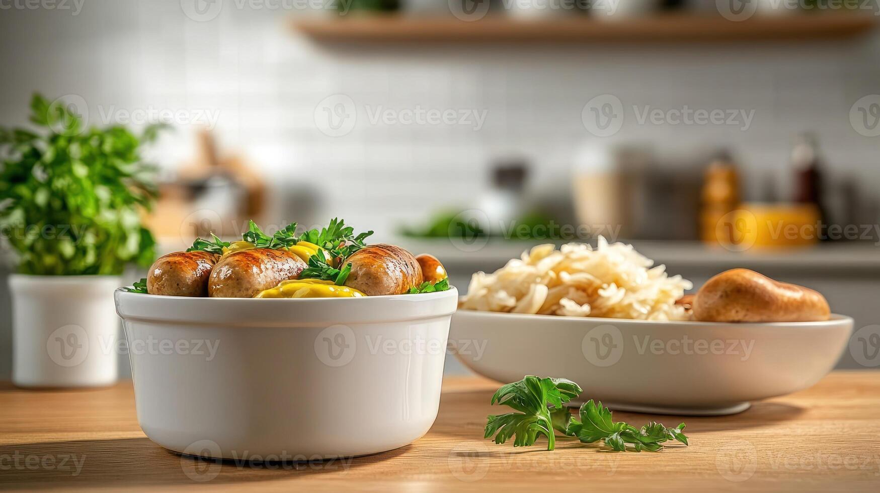 Sausage and sauerkraut served in kitchen setting, for website or menu photo